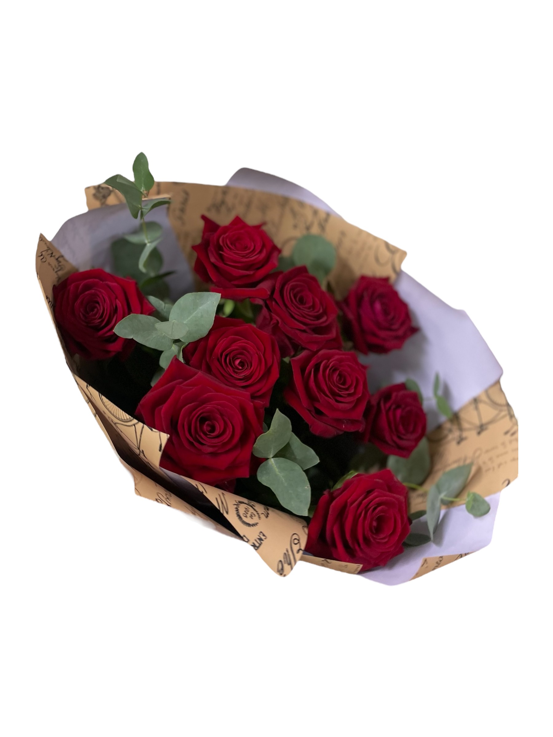 9 красных роз с эвкалиптом